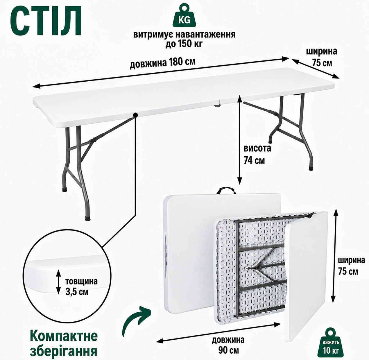 Технічні характеристики розкладного столу